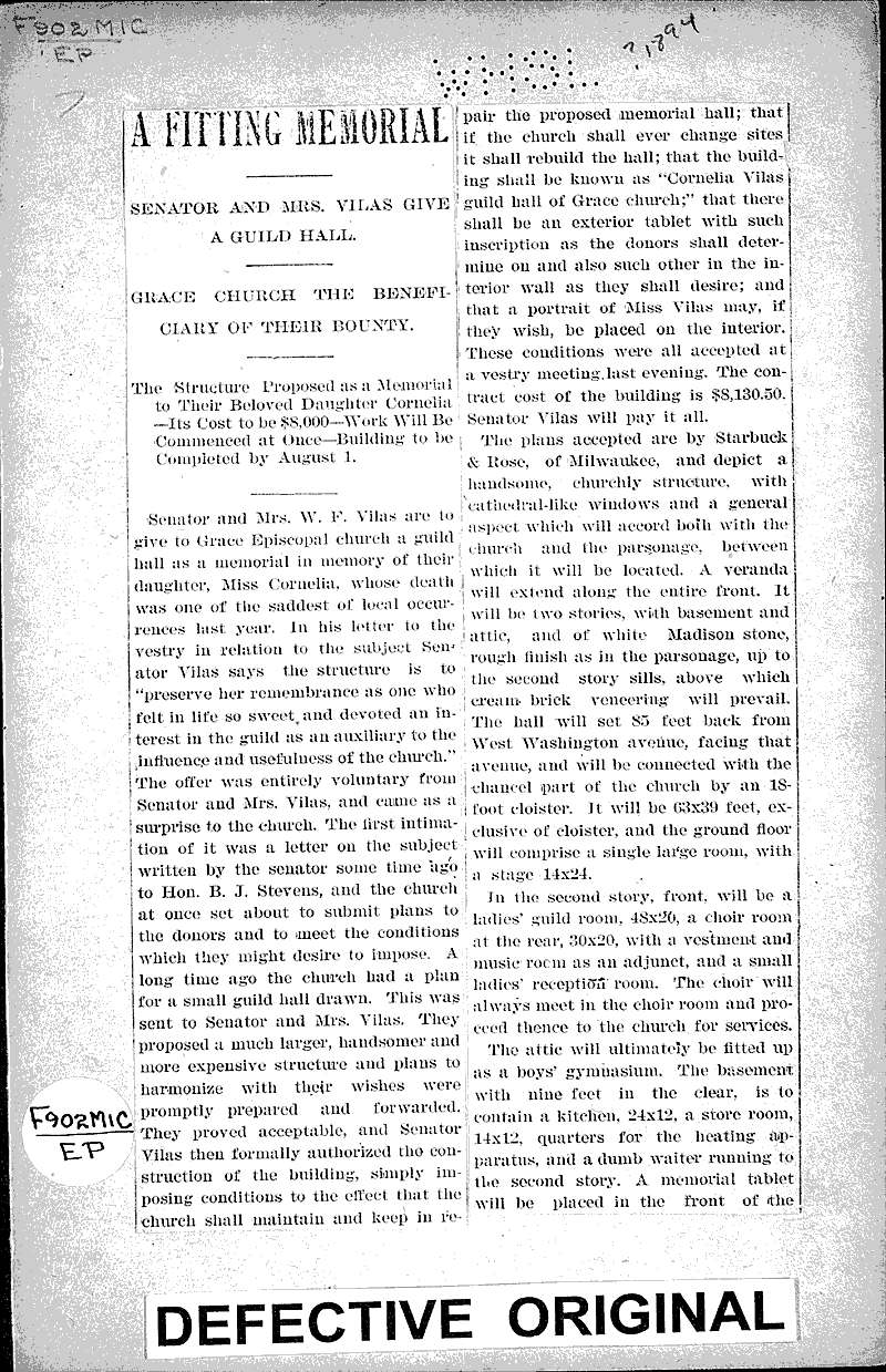 A fitting memorial Newspaper Article/Clipping Wisconsin Historical