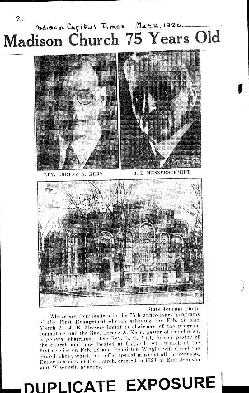  Source: Madison Capital Times Topics: Church History Date: 1930-03-02