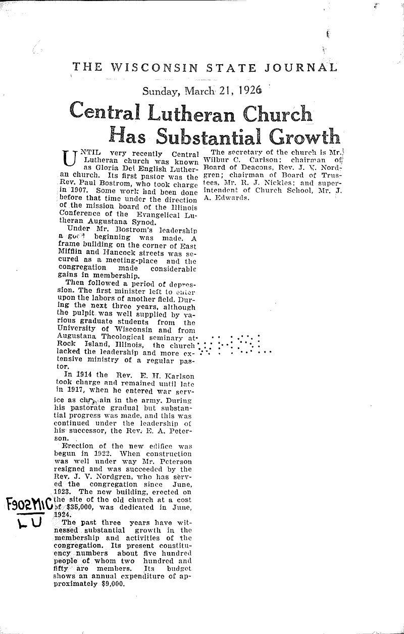  Source: Wisconsin State Journal Topics: Church History Date: 1926-03-21