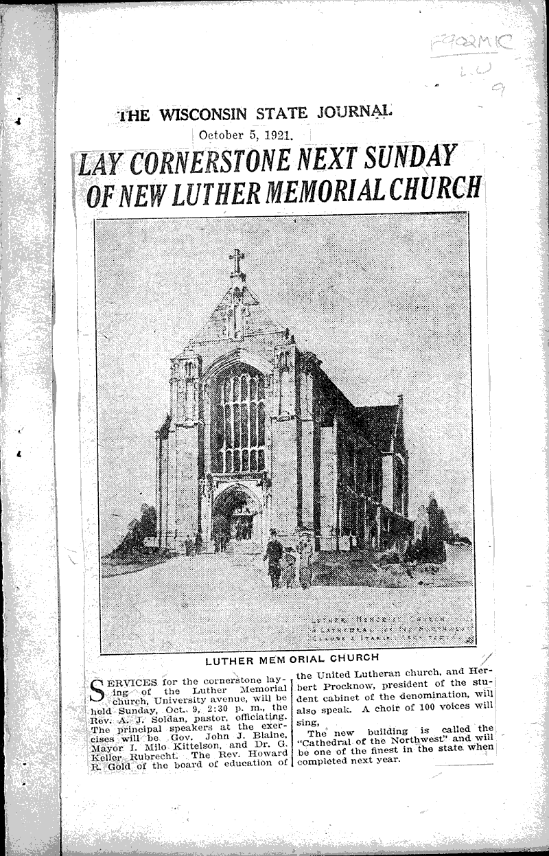  Source: Wisconsin State Journal Topics: Church History Date: 1921-10-05