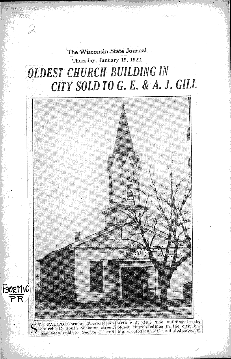  Source: Wisconsin State Journal Topics: Church History Date: 1922-01-19