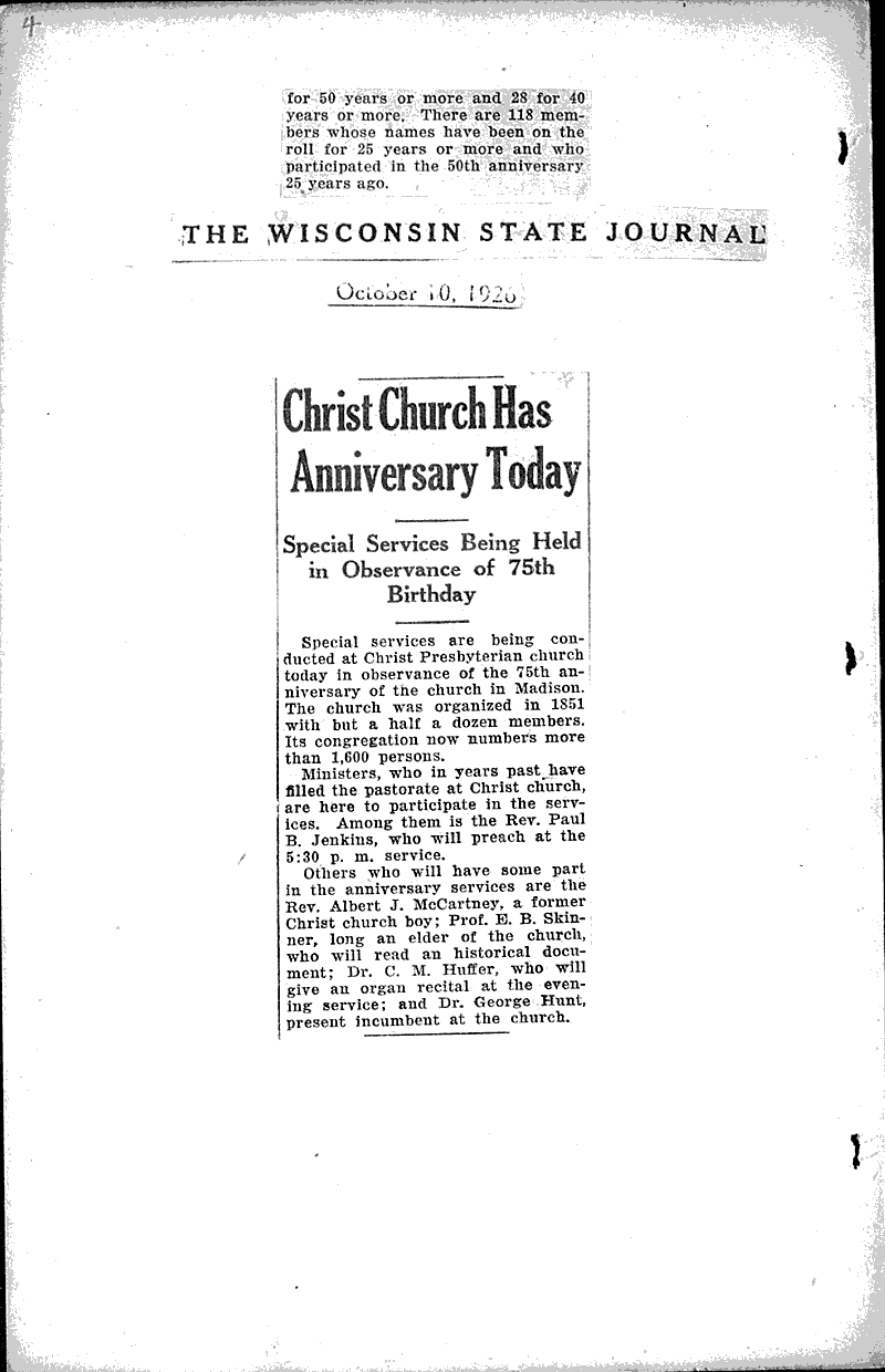  Source: Wisconsin State Journal Topics: Church History Date: 1926-10-05