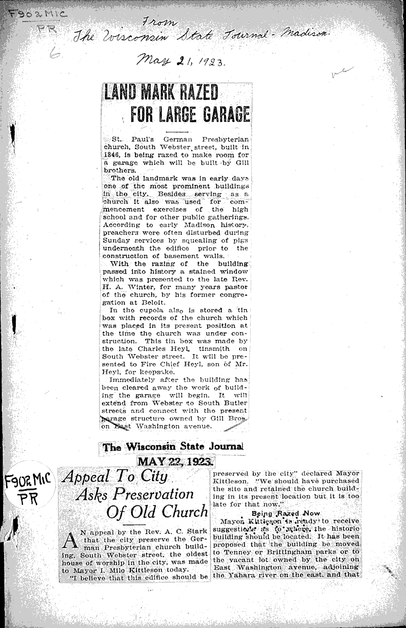  Source: Wisconsin State Journal Topics: Church History Date: 1923-05-22