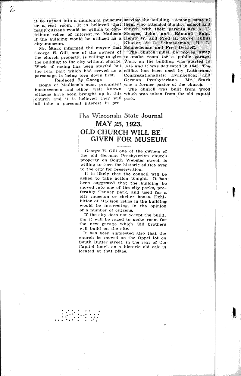  Source: Wisconsin State Journal Topics: Church History Date: 1923-05-25