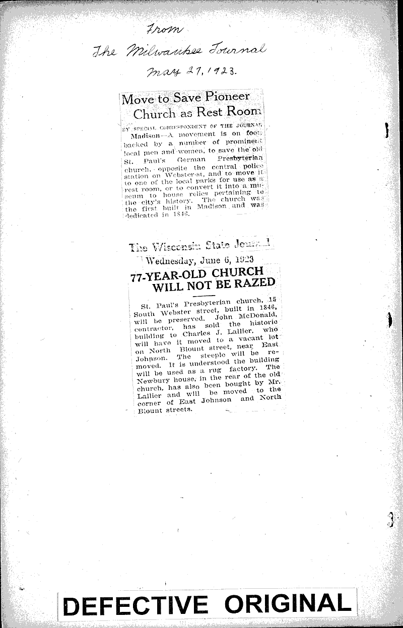  Source: Milwaukee Journal Topics: Church History Date: 1923-05-27