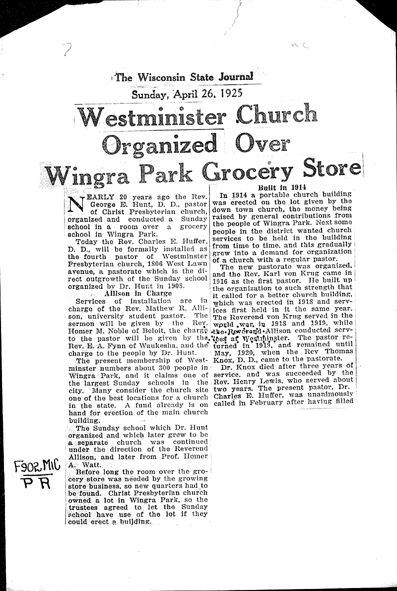 Source: Wisconsin State Journal Topics: Church History Date: 1925-04-26