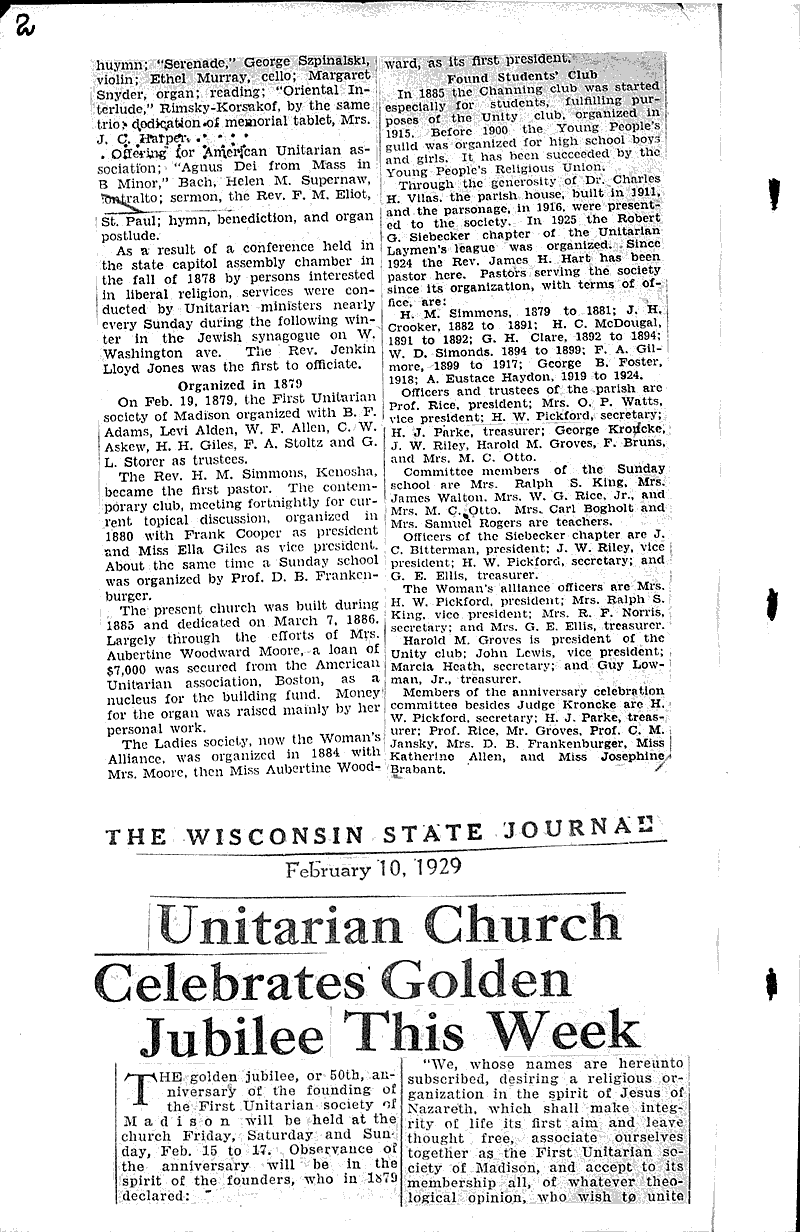  Source: Wisconsin State Journal Topics: Church History Date: 1929-02-10