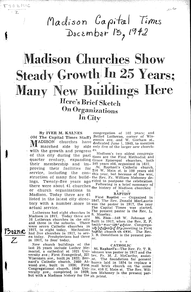  Source: Capital Times Topics: Church History Date: 1942-12-13