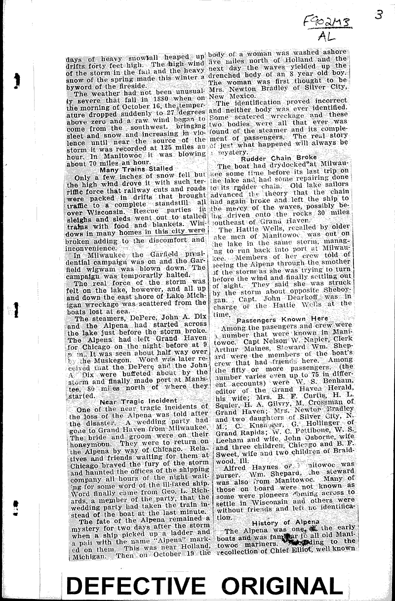 Forty-third anniversary of the Apena disaster, October 11, recalls the most severe winter Source: Manitowoc Herald-News Topics: Transportation Date: 1923-10-18
