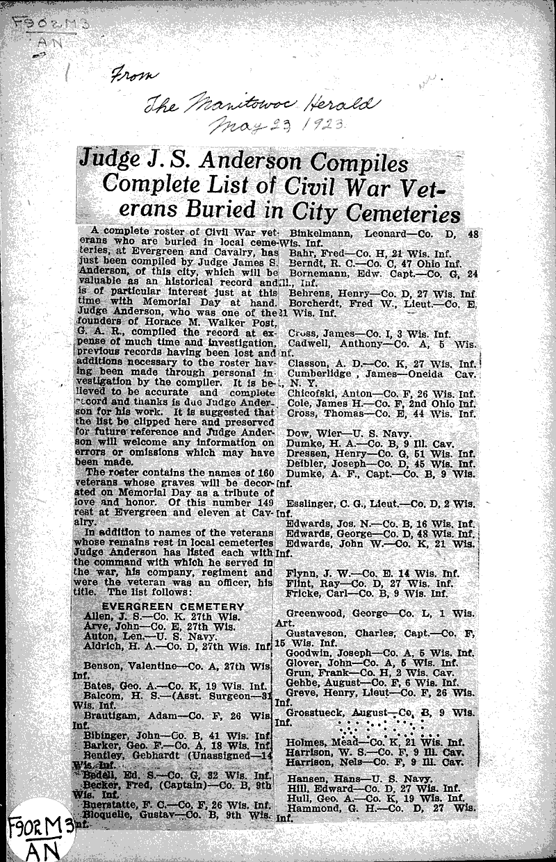  Source: Manitowoc Herald Topics: Wars Date: 1923-05-23
