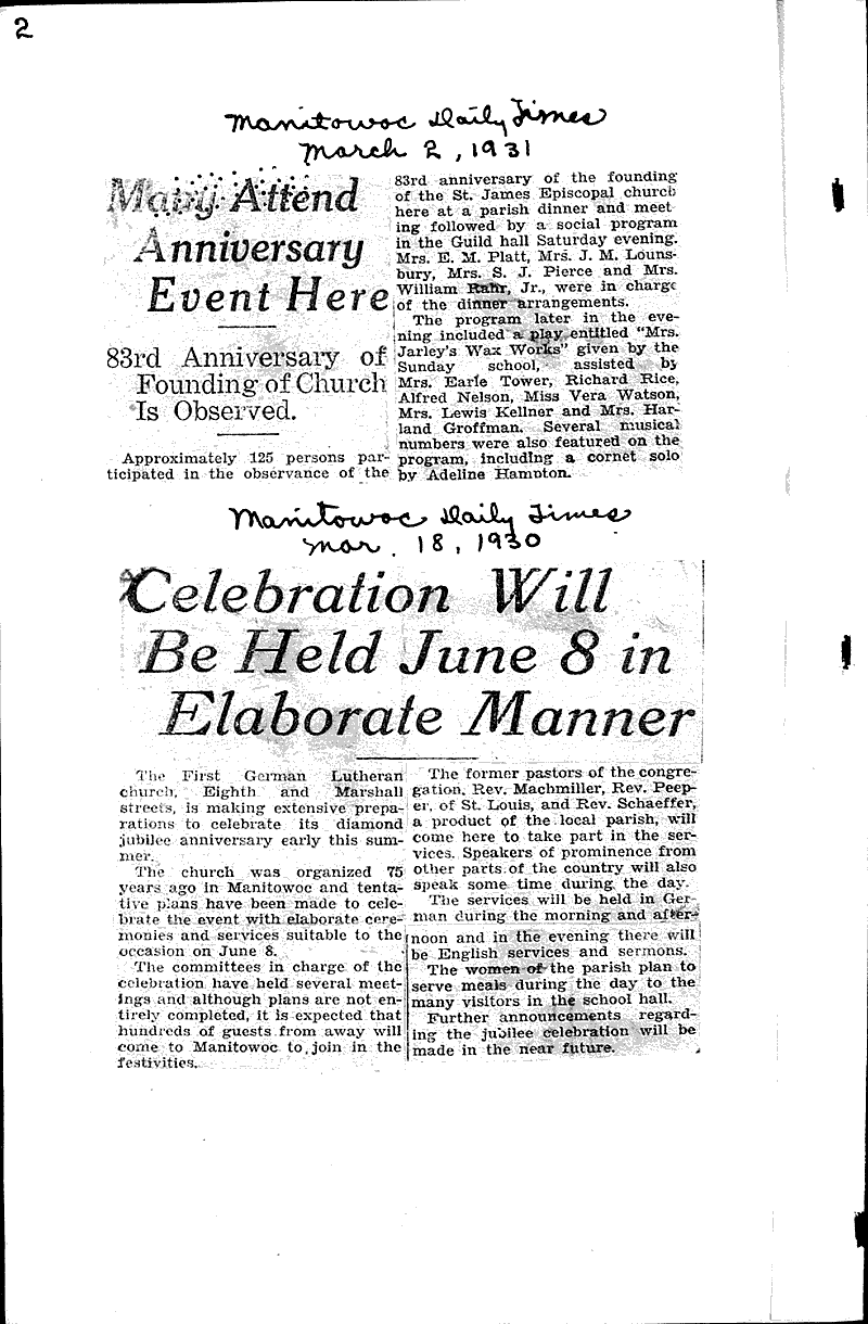  Source: Madison Capital Times Topics: Church History Date: 1930-03-18