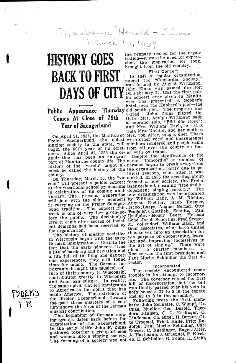History goes back to first days of city Newspaper Article/Clipping Wisconsin Historical Society