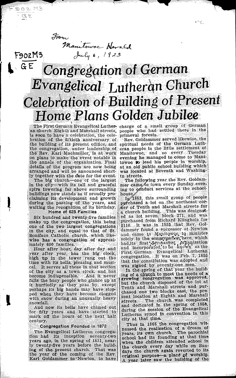  Source: Manitowoc Herald Topics: Church History Date: 1923-07-06
