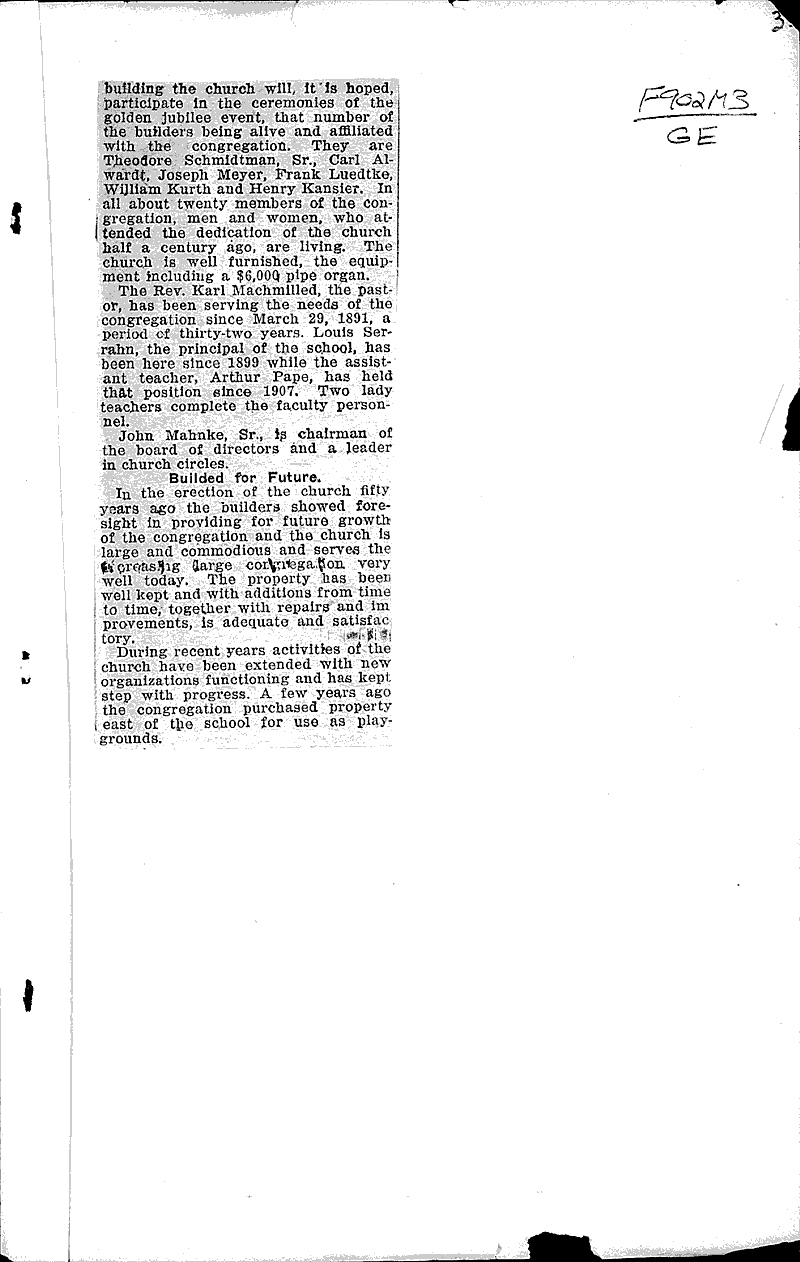  Source: Manitowoc Herald Topics: Church History Date: 1923-07-06