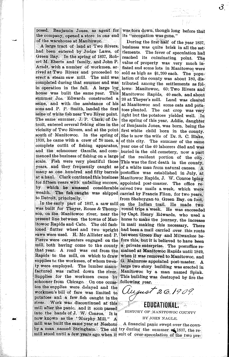 Educational. History of Manitowoc County Newspaper Article/Clipping Wisconsin Historical Society
