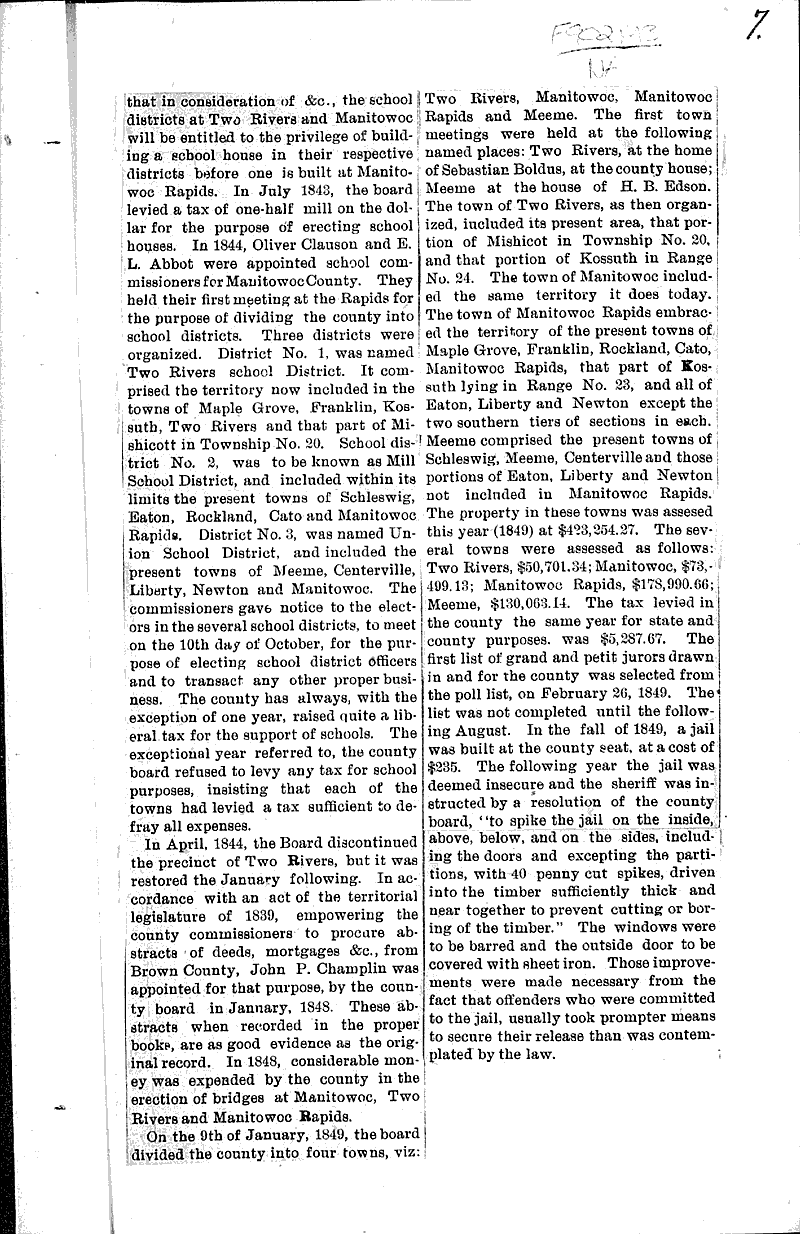 Educational. History of Manitowoc County Newspaper Article/Clipping Wisconsin Historical Society