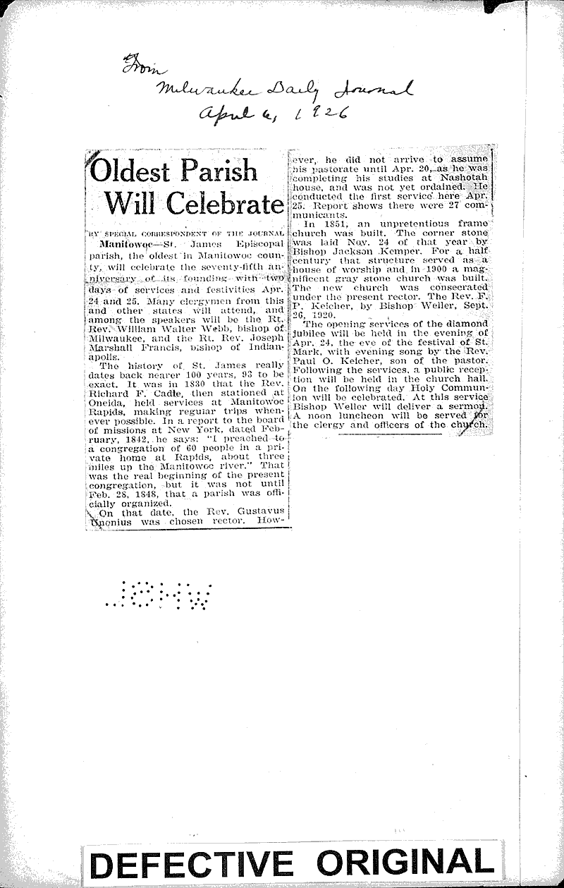  Source: Milwaukee Daily Journal Topics: Church History Date: 1926-04-06