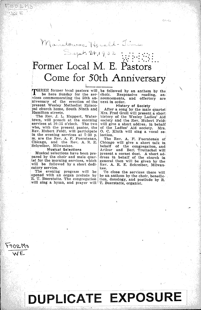 Former local m. e. paors come for 50th anniversary Newspaper Article/Clipping Wisconsin