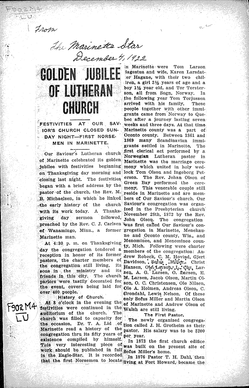  Source: Marinette Eagle-Star Topics: Church History Date: 1922-12-04