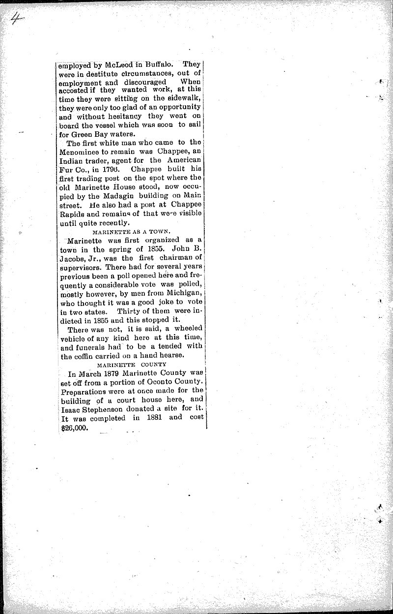 Early times on the Menominee Newspaper Article/Clipping Wisconsin