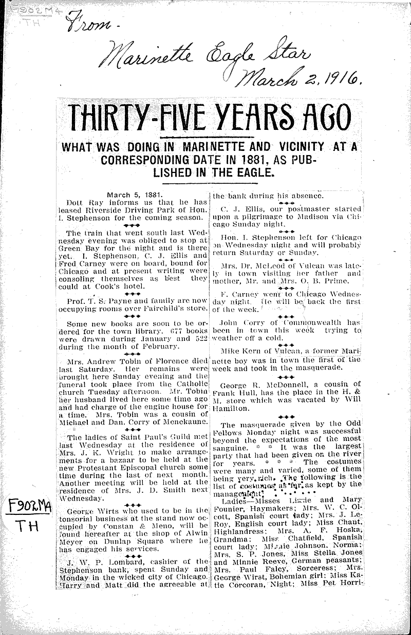 Thirtyfive years ago Newspaper Article/Clipping Wisconsin