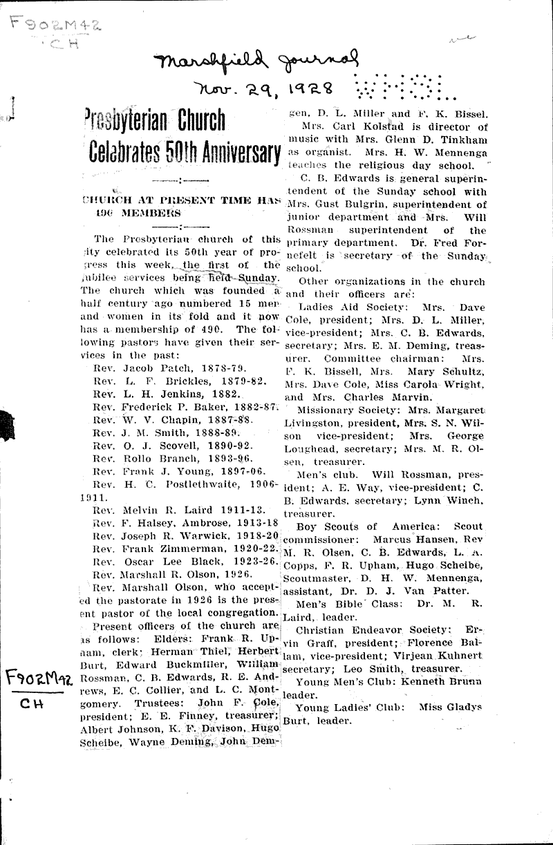  Source: Marshfield Journal Topics: Church History Date: 1928-11-29