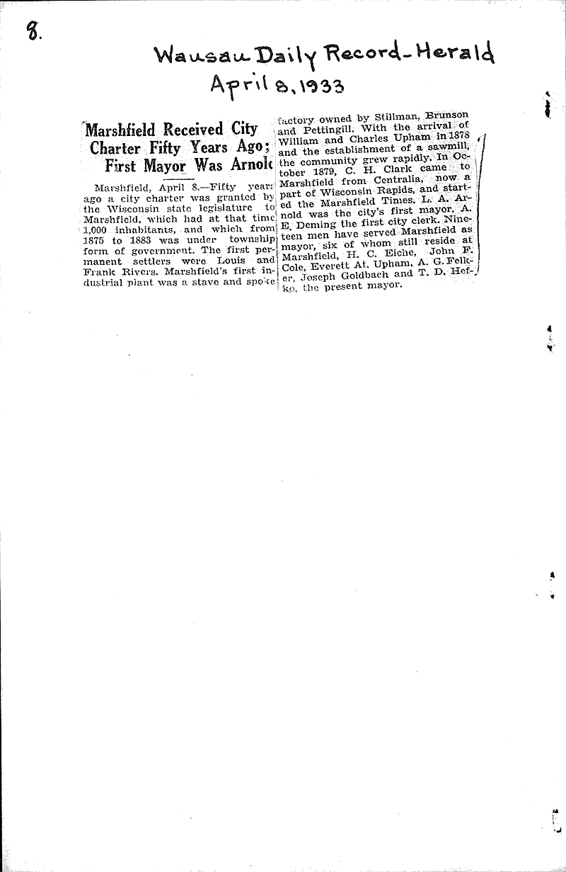 Marshfield received city charter fifty years ago; first mayor was