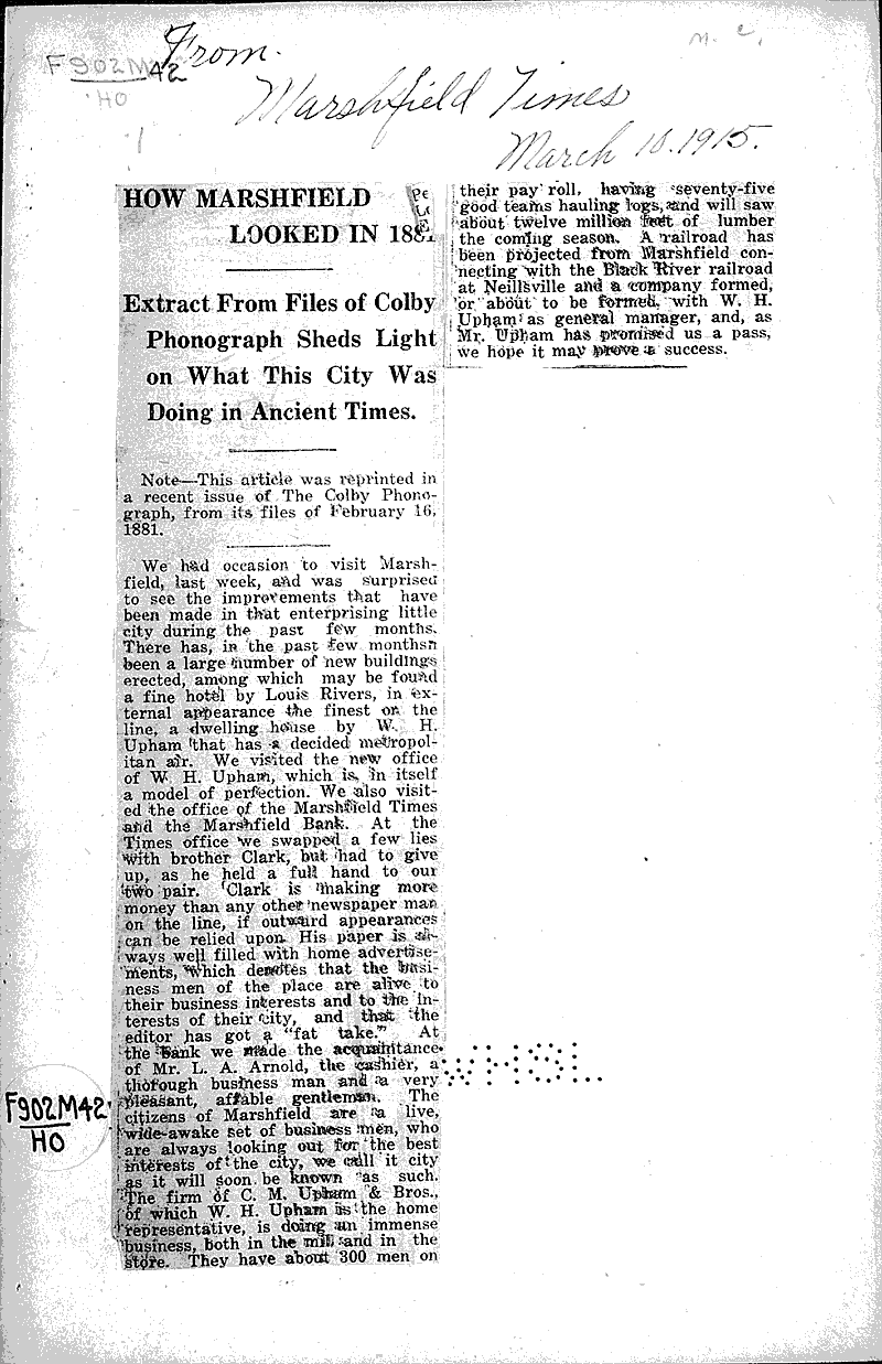 How Marshfield looked in 1881 Newspaper Article/Clipping Wisconsin