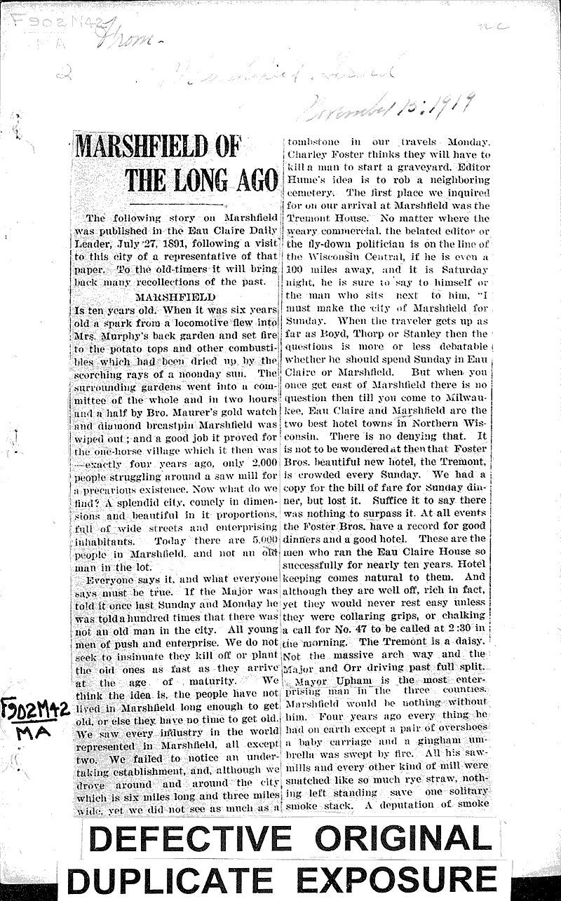 Marshfield of the long ago Newspaper Article/Clipping Wisconsin