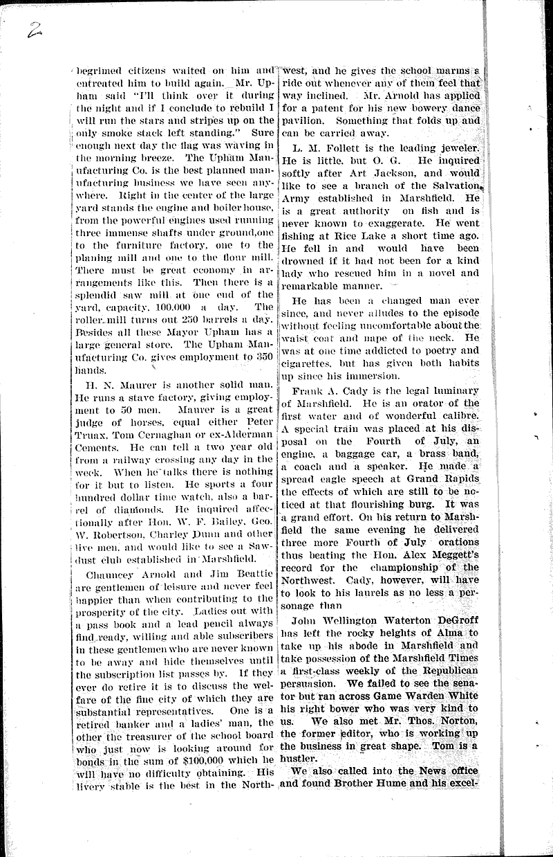 Marshfield of the long ago Newspaper Article/Clipping Wisconsin