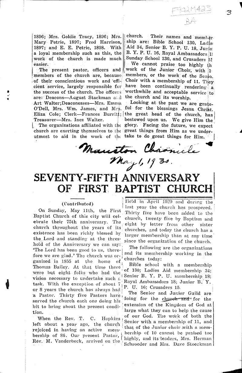  Source: Mauston Chronicle Topics: Church History Date: 1930-05-01