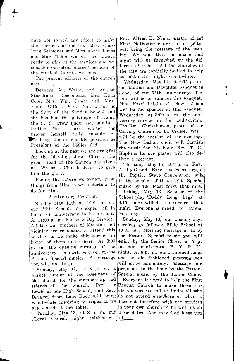  Source: Mauston Chronicle Topics: Church History Date: 1930-05-01