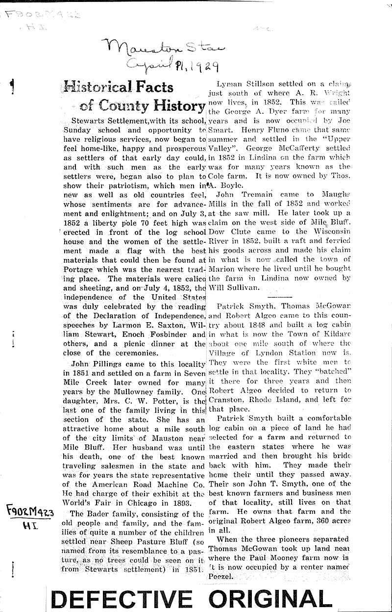 Historical facts of county history Newspaper Article/Clipping