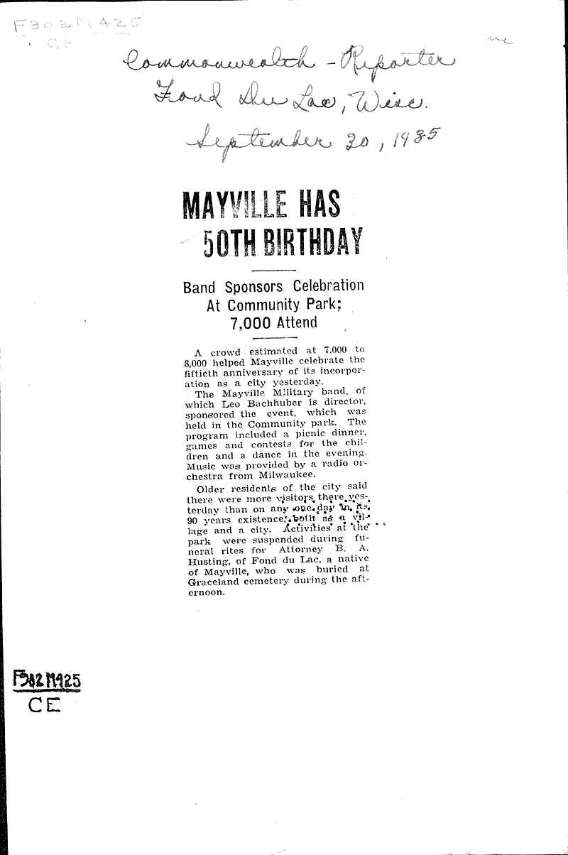 Mayville has 50th birthday Newspaper Article/Clipping Wisconsin Historical Society
