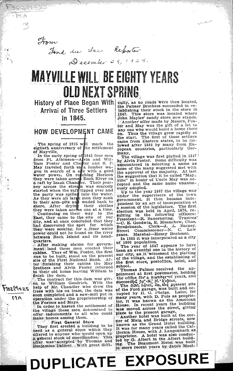 Mayville will be eighty years old next spring Newspaper Article/Clipping Wisconsin