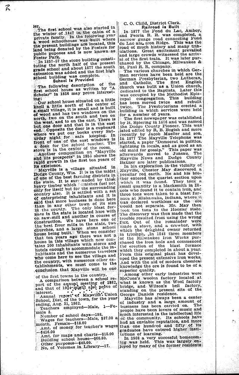 Mayville will be eighty years old next spring Newspaper Article