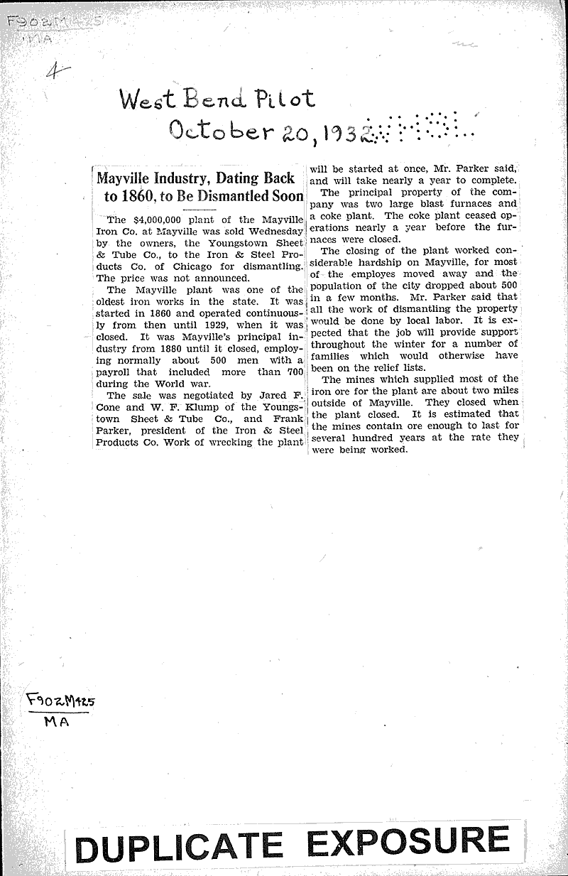  Source: West Bend Pilot Topics: Industry Date: 1932-10-20