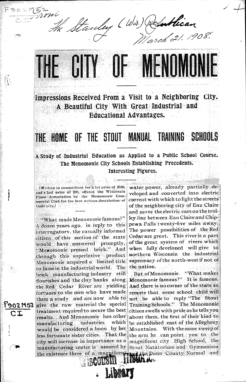  Source: Stanley Republican Topics: Education Date: 1908-03-21