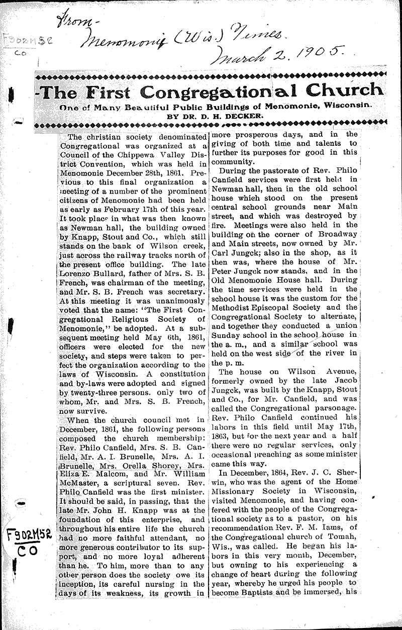  Source: Menomonie Times Topics: Church History Date: 1905-03-02