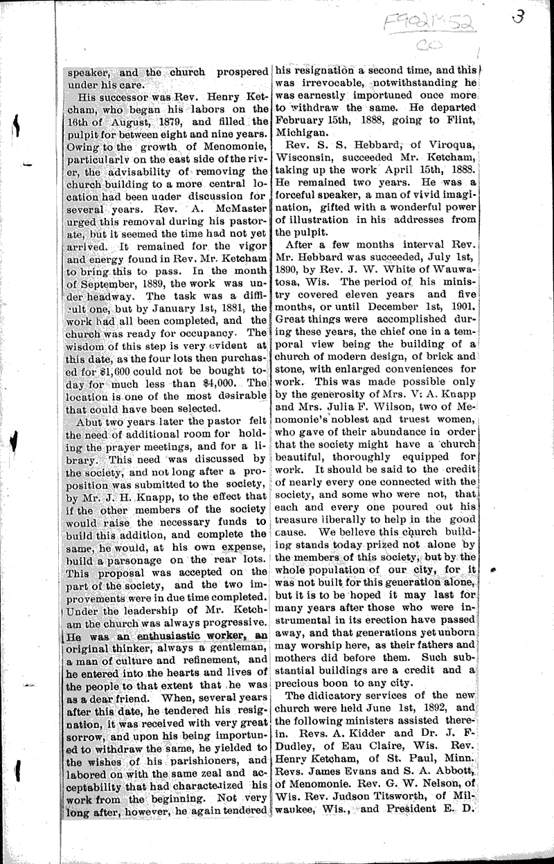  Source: Menomonie Times Topics: Church History Date: 1905-03-02