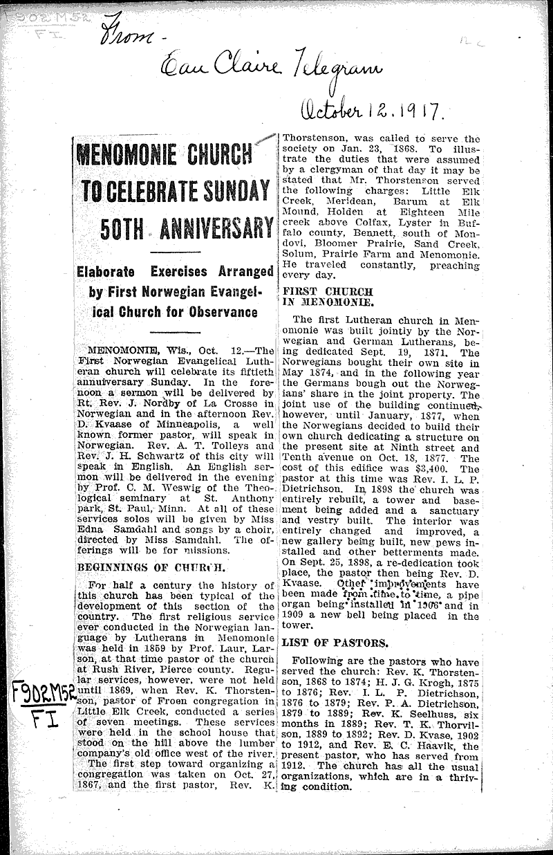  Source: Eau Claire Telegram Topics: Church History Date: 1917-10-12