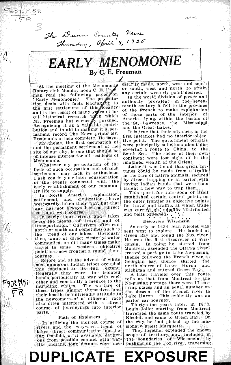 Early Menomonie Newspaper Article/Clipping Wisconsin Historical Society
