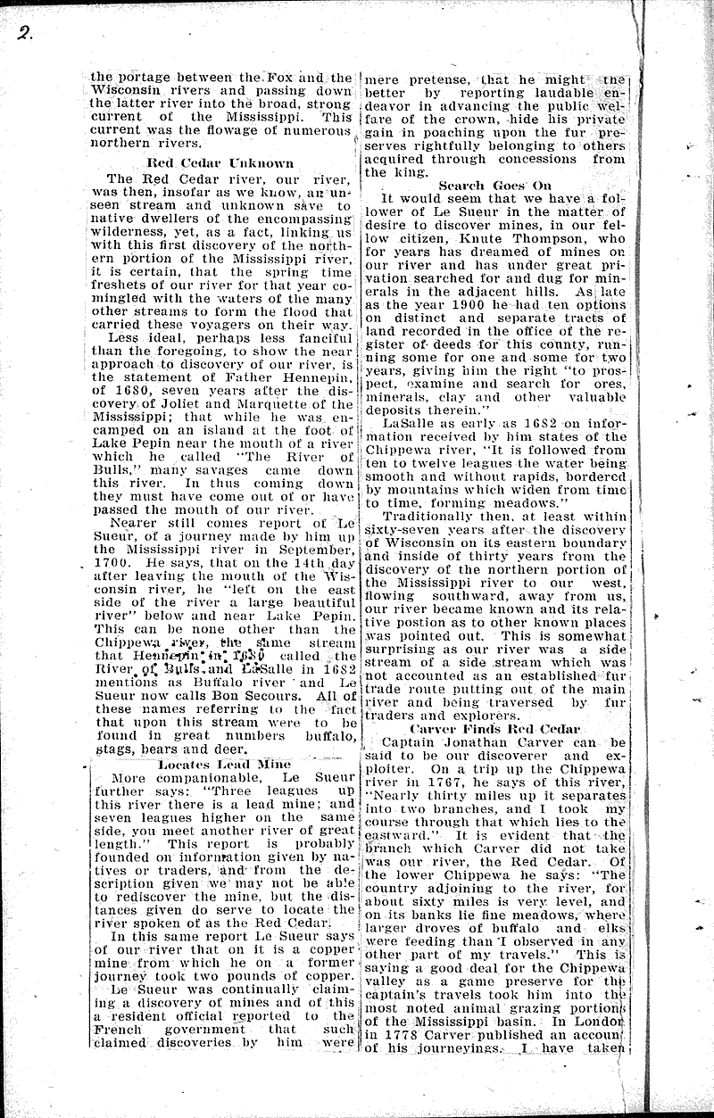 Early Menomonie Newspaper Article/Clipping Wisconsin Historical Society