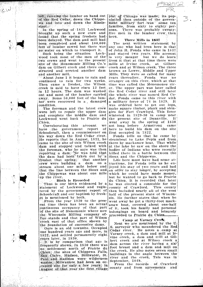 Early Menomonie Newspaper Article/Clipping Wisconsin Historical Society