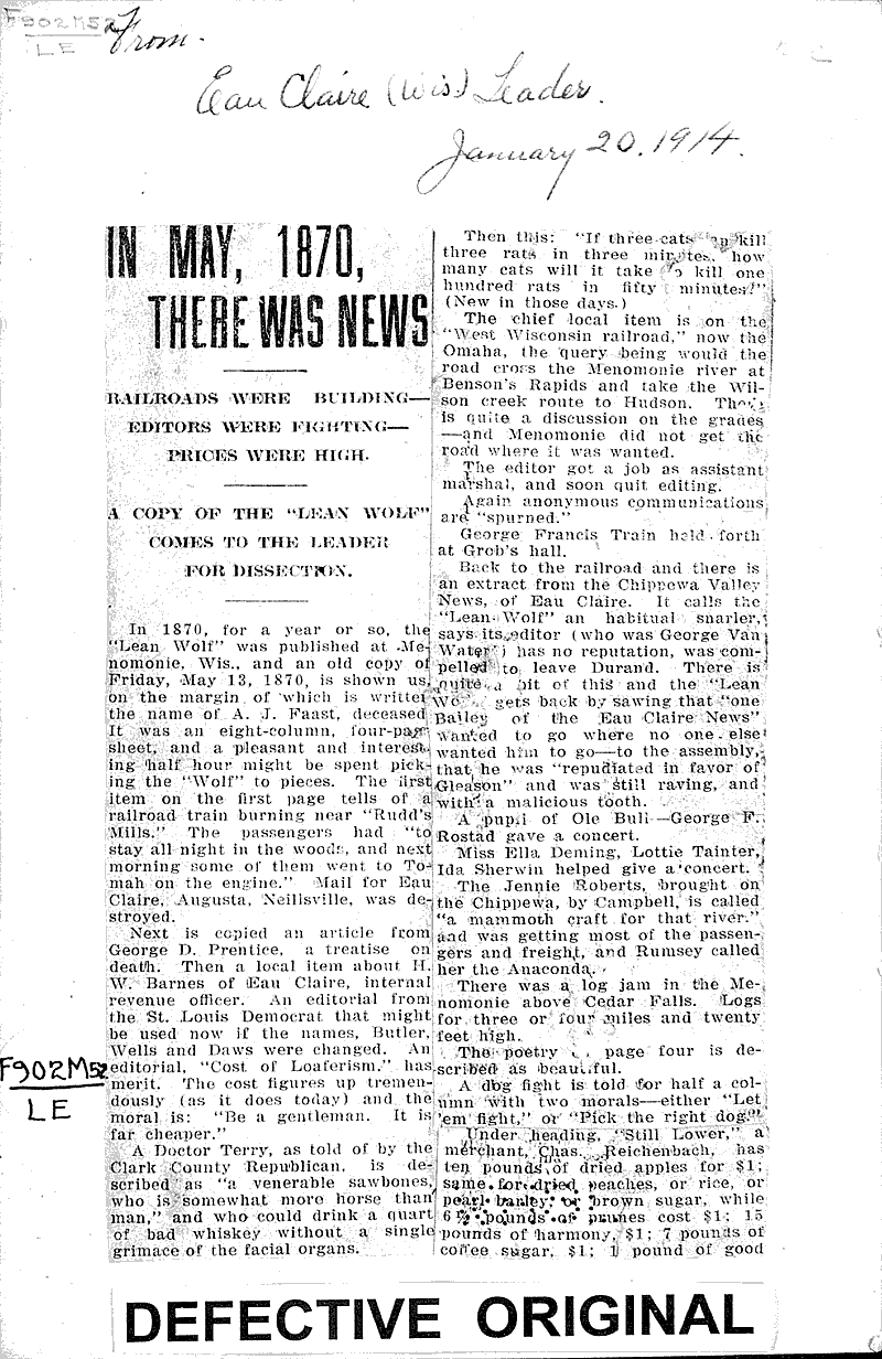  Source: Eau Claire Leader Topics: Industry Date: 1914-01-20