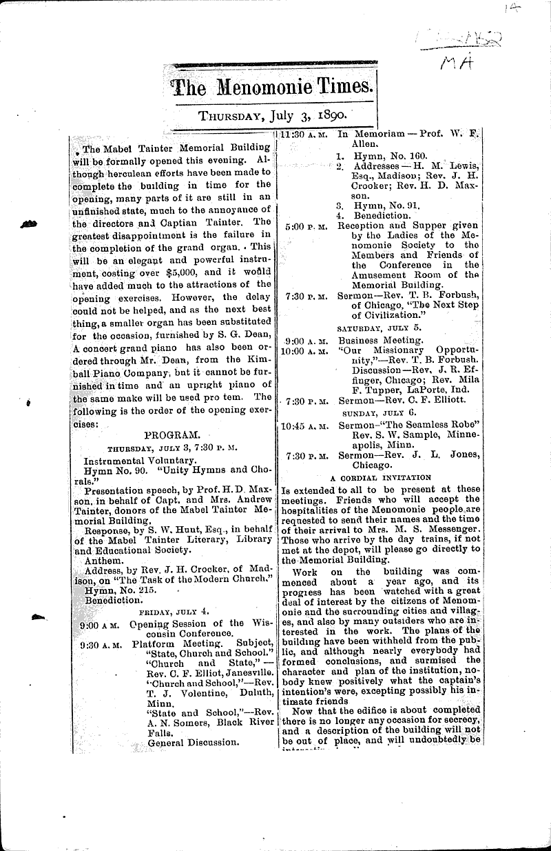  Source: Menomonie Times Topics: Architecture Date: 1890-07-03