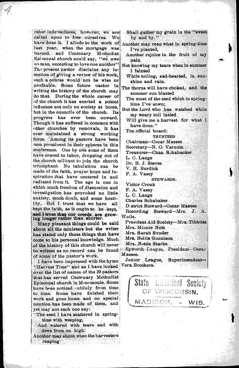  Source: Menomonie Times Topics: Church History Date: 1905-02-16