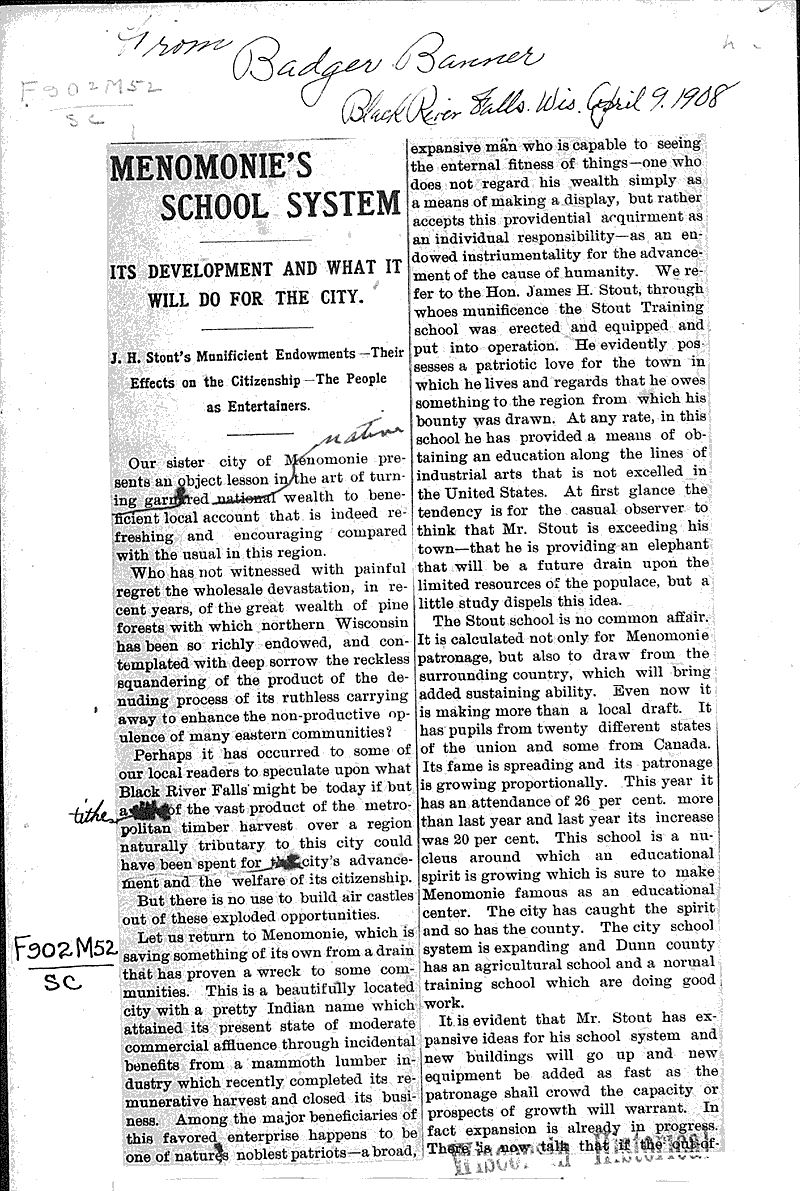  Source: Badger State Banner Topics: Education Date: 1908-04-09