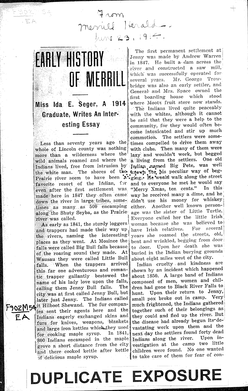Early history of Merrill Newspaper Article/Clipping Wisconsin
