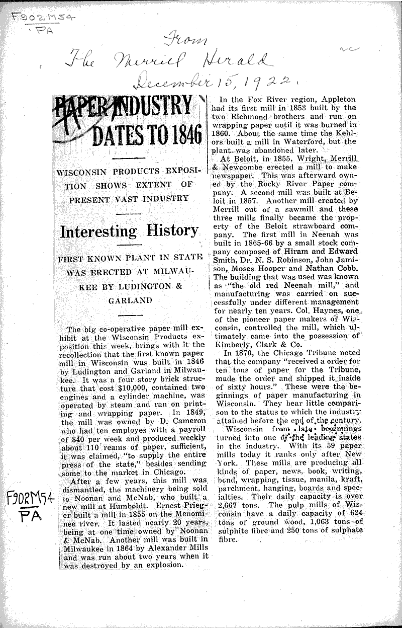  Source: Merrill Herald Topics: Industry Date: 1922-12-15